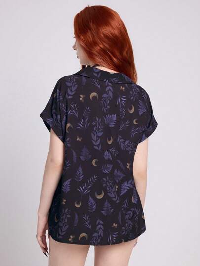 Goth Gothic Moon & Plant Vintage Pattern Casual Allover Print Women's Blouse