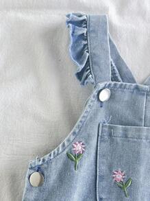 SHEIN Vintaside Kids 婴儿/女宝宝刺绣花卉牛仔连衣裙，背带裙，乡村度假风格，可爱时尚百搭，春夏 - 藍色 - 查看 5