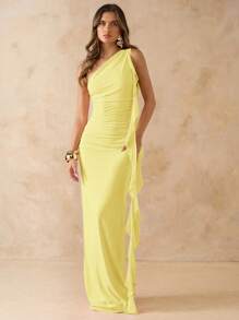 SHEIN BAE 女士优雅不对称褶饰露背长款网眼荷叶边连衣裙，优雅度假沙滩裙，春夏