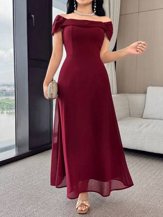 Feyla Women Off Shoulder Pleated Elegant Long Dress With Short Sleeves, Solid Color