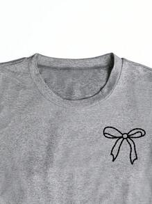 INAWLY Women's Bow Print Round Neck Short Sleeve Pleated Casual T-Shirt - Grey - View 4