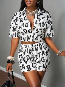 Slaydiva 2025 Summer New Style Birthday Party Back To School Season College Style Student Wear Daily Street Basic Versatile Elegant Commuter Business Casual Vacation Beach Cruise Travel Beach Sunbathing Popular Internet Celebrity Hot Style Lapel Short Sleeve Short Loose Top And Fitted Shorts Buttons Can Be Opened Elastic Waist Letter Print Summer Suit Women's Two-Piece Suit - Multicolor - View 1