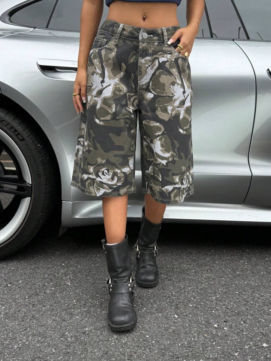 SHEIN ICON Quần Capri ống rộng in họa tiết camo có túi dành cho nữ - xanh quân đội - Xem 1