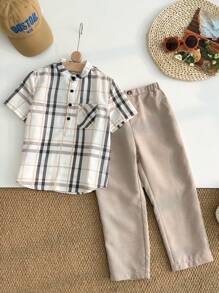 Boys Casual Check Pattern Collar Short Sleeve Henley Shirt And Solid Color Pants Set, Suitable For Commute, School, Daily Wear And Sports, All Seasons - Multicolor - View 5