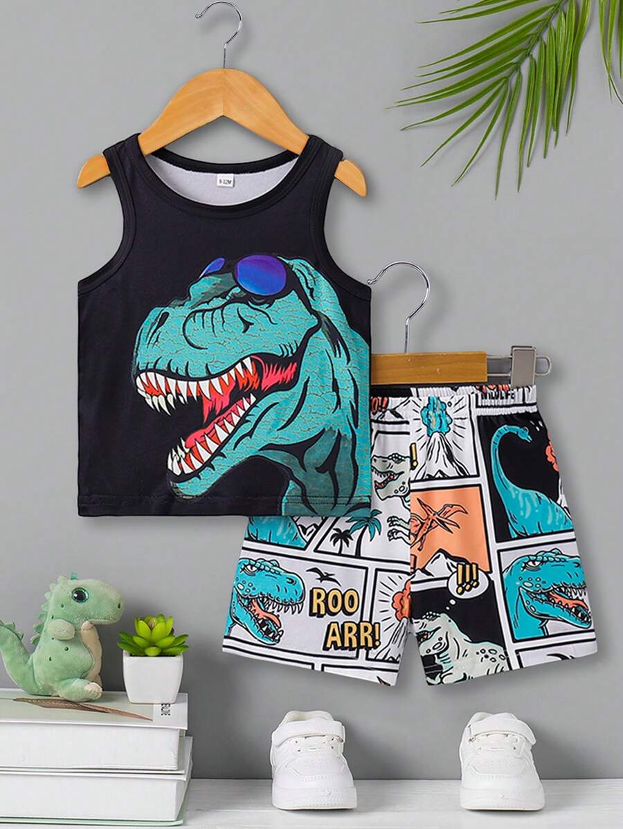 1 套男婴时尚卡通太阳镜恐龙印花背心和趣味恐龙印花短裤套装，适合夏季外出 - 彩色 - 查看 1