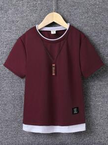 SHEIN Tween Boy Casual Everyday Street Short Sleeve Letter Printed 2-In-1 T-Shirt, Summer - Burgundy - View 3