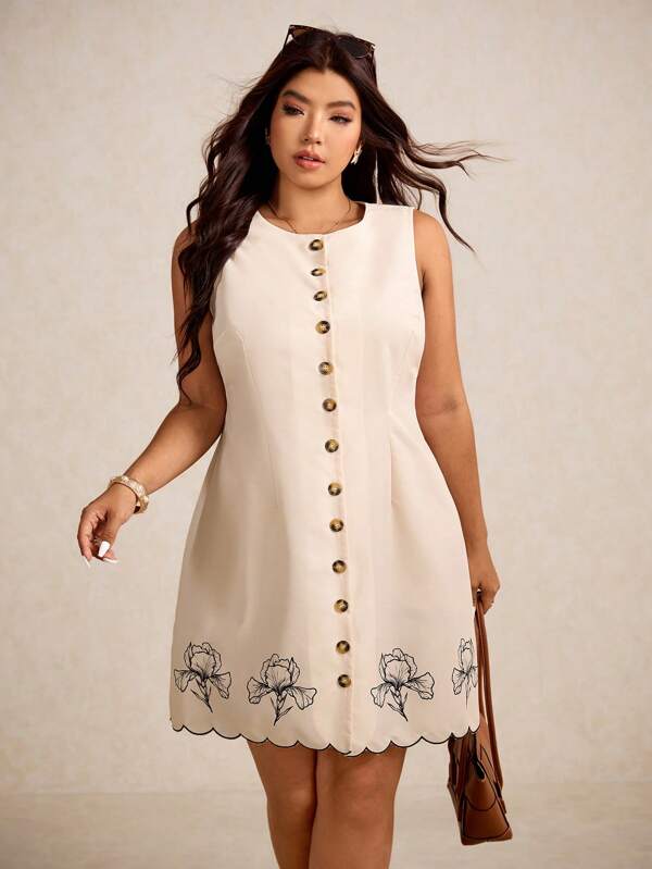 Elaquor Plus Size Casual Commuting Sleeveless Embroidered Floral Print A-Line Dress