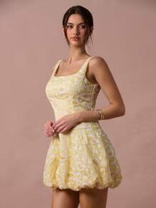 Enchnt Damen elegantes Mini-Kleid mit Blumenstickerei, Sommer - Gelb - Übersicht 6