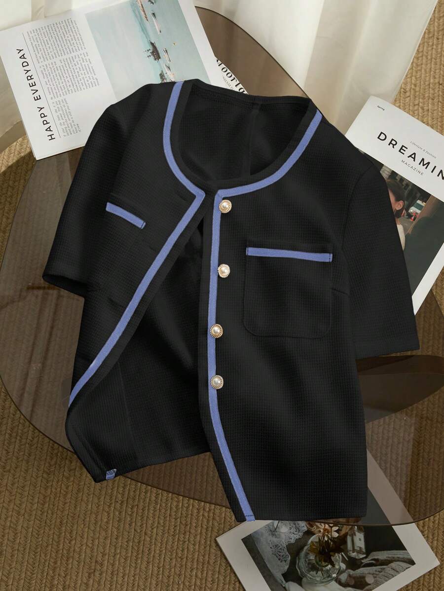 SHEIN Clasi 女式撞色短袖轻盈西装外套 - 黑色 - 查看 1
