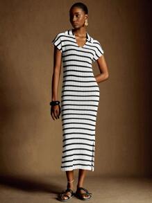 Écloséra Abito in maglia a coste per donna con colletto alla francese, maniche corte, orlo a righe e spacchi, in stile retrò, colori bianco e nero, adatto per primavera/estate