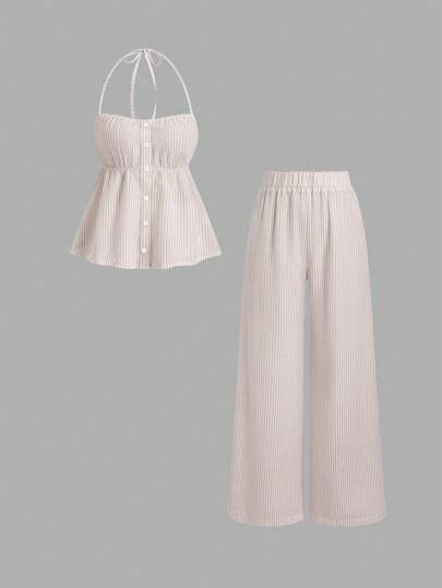 Sweetra 2pcs Women Casual Striped School Style Simple Travel Pink Sets, Spring/Summer