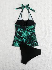 Swim Lushoire 2pcs/Set 2025 Women's New Random Print Spaghetti Strap Backless Camisole And Bikini Swimwear Bottoms Beach Holiday Swimsuit, Summer