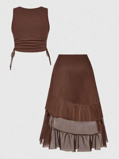 Hippie Plus Size Hippie Vintage Music Festival Sunflower Embroidery Vest Asymmetrical Ruffled Hem Skirt 2 Piece Set