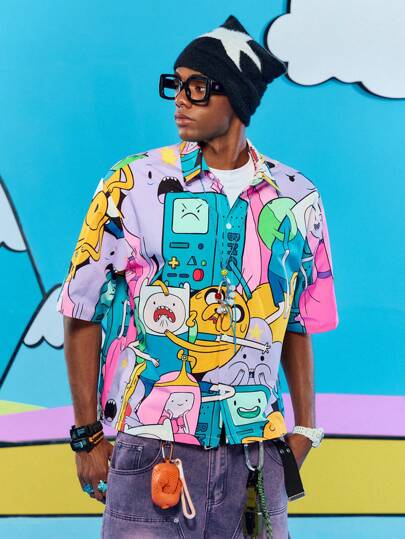 Adventure Time X ROMWE Camicia a maniche corte con grafica a cartone animato, vestibilità comoda, ideale per le vacanze