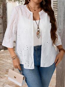 EMERY ROSE Plus Size Women's Elegant Embroidered Crew Neck Coat Fall Women Clothes Fall Clothes Fall Outfits - White - View 4