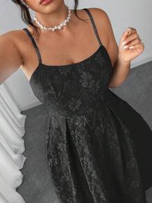 Elenzga Plus Size Women U-Neck Solid Color Blue Jacquard Textured Fabric Evening Gown, A-Line Silhouette, European & American High-End Party Dress, Cinched Waist, Flowy Skirt, Elegant Maxi Dress - Black - View 3