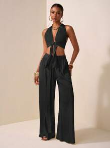 Zivah Conjunto de dos piezas para mujer, estilo nuevo, informal, para vacaciones, citas diarias, playa, fiesta, club, elegante, cuello halter, tirantes, escote en V profundo, diseño de tirantes delanteros y centrales, sin mangas, pantalones extra largos de pierna ancha, color albaricoque.