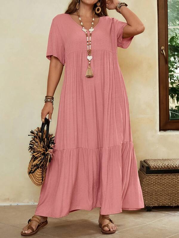 EMERY ROSE Plus Size Women Summer Vacation Casual V Neck Short Sleeve Long Pink Dress, Summer Holiday,Vacation Outfits Women,Simple And Fashionable For Everyday Wear,Vacay Vibes,Springbreak,Casual Wear SS,Bohemia,Summer Dresses For Women,Dresses Casual,Flowy Dress