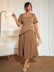 Allurite Vestido elegante de uso diario con cuello en V, plisado, giro y cintura ceñida, talla grande de moda - Caqui - Ver 5