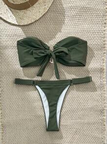 Swim Chiccia Springbreak Women Summer Solid Bustier Metal Decor Crop Top And Thong 2 Pieces Bikini Set, Minimalist Design - Green - View 2