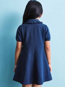 SHEIN Young Girls Ruffle Trim Back To School Blue Short Sleeve Half Button Front Summer Shirt Dress