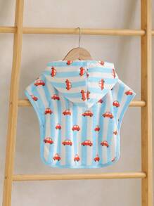 婴幼儿男童蓝白条纹可爱毛绒连帽长袍，带橙色汽车图案 - 藍白色 - 查看 2