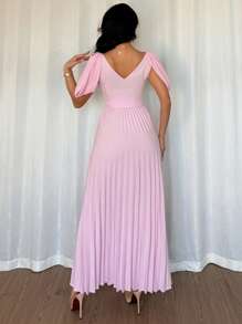 Rafferiza Women's V-Neck Off Shoulder Ruched Waist Elegant Dress - Pink - View 2