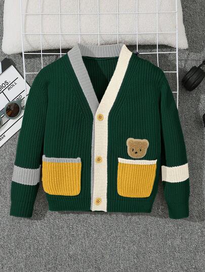Kids Boy Casual Cute Bear Design Long Sleeve Cardigan Sweater, Comfortable For Outdoor Play, Home, Casual Wear, Party Fall Winter