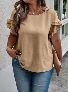 Weeklong Talla grande Blusa unicolor ribete con fruncido