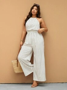 Elaquor Plus Size Striped Print Halter Neck Sleeveless Jumpsuit, Casual Summer - White - View 4