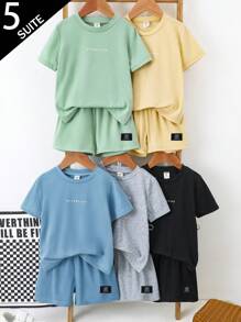 10 Stücke/Set Outfits für Kleine Jungen im Sommer, 5 Farben verfügbar - Grau, Apricot, Schwarz, Grün, Blau, Rundhals Kurzarm Top mit Buchstaben Aufdruck und passende Shorts Sets, minimalistisch & modisch, lässig & vielseitig, Buchstaben Akzente, anliegende Silhouette, geeignet für Outdoor-Spiel, täglichen Lässig-Tragen, Park-Picknicks, Treffen mit Freunden, Geburtstagsfeiern, Fotoanlässe und mehr im heißen Sommer, um die Stilsicherheit und Vitalität des Jungen zu zeigen und ihn zum Mittelpunkt der Menge zu machen und den Sommerspaß zu genießen