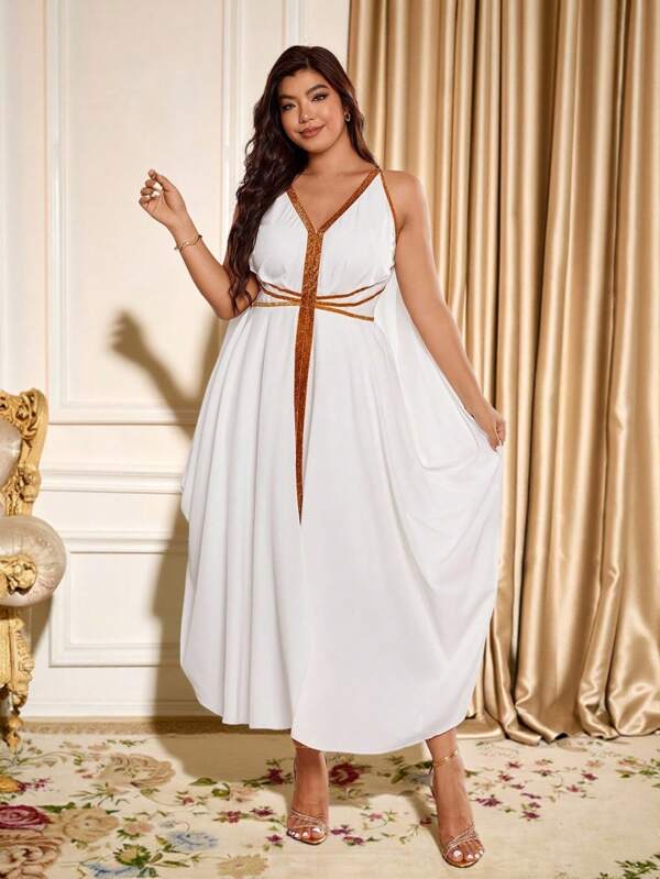 Cravure Plus Size V-Neck Sleeveless Cinched Waist White Dress With Shawl
