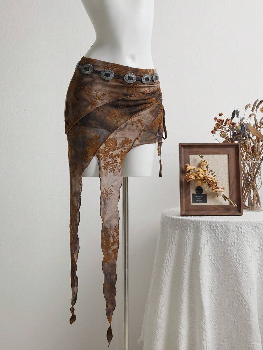 Elamini Cinturón de cintura estilo vintage punk de metal con empalme de malla asimétrica, minifalda de cintura baja