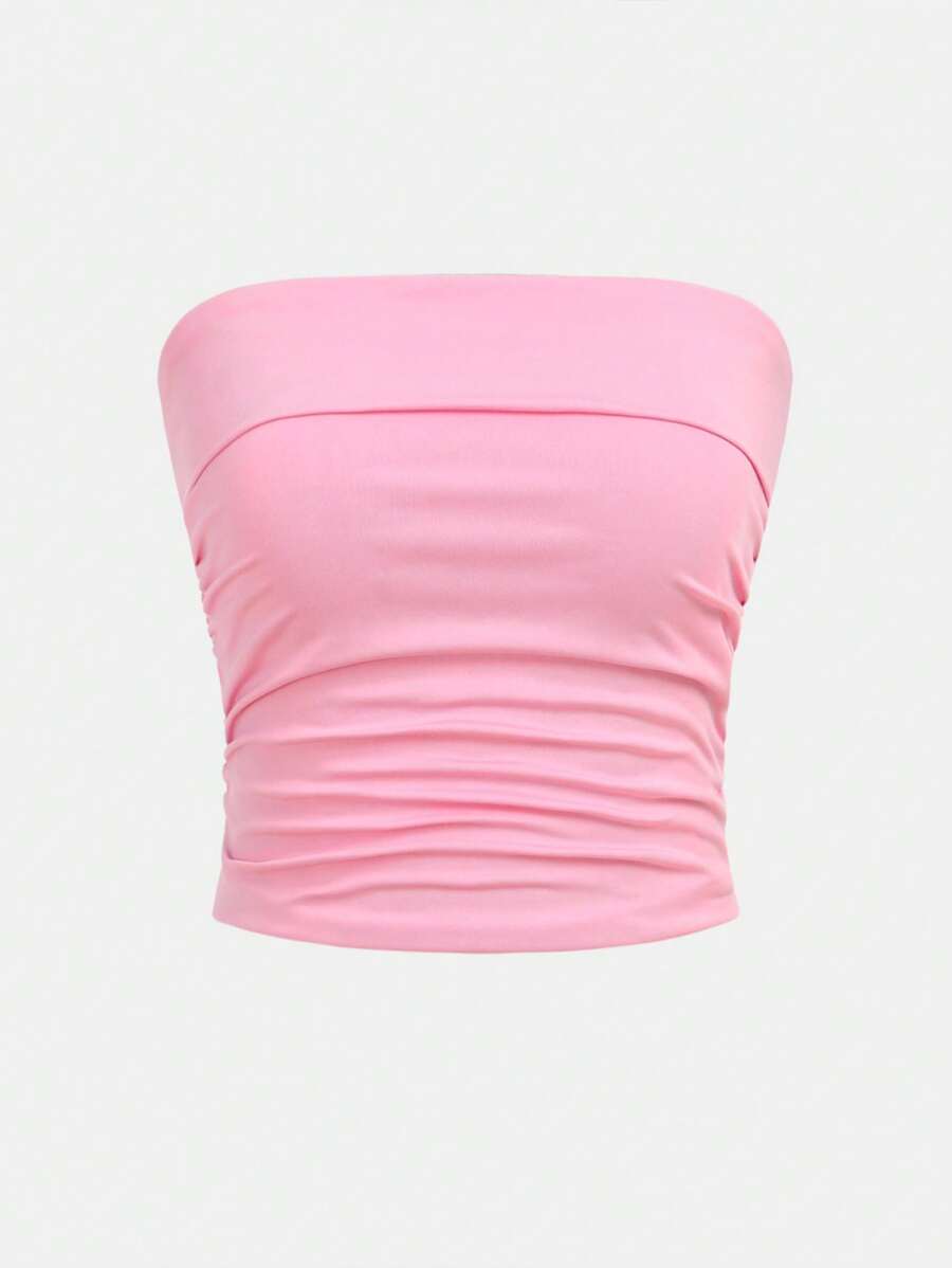 SHEIN Teen Girl Minimalist Comfortable Gathered & Frill Hem Tube Top
