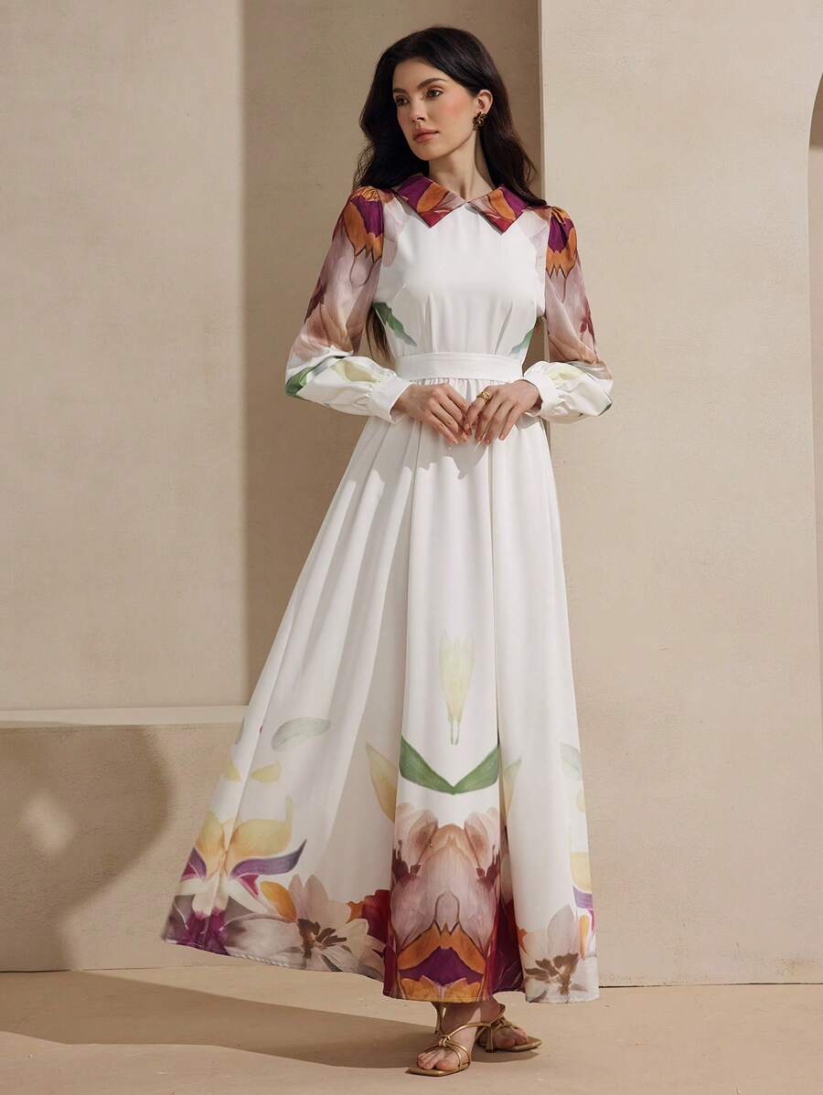 Graceveil Women's Elegant Arabian Style Chiffon Waist Belt Design Dress - White - View 1