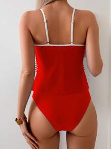 Swim Lushoire Women Beach Vacation Colorblock Cami Tankini For Summer - Red and White - View 2