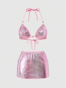 ROMWE J-Fashion Y2K 蛇皮印花系带性感女士内衣套装 - 粉色 - 查看 2