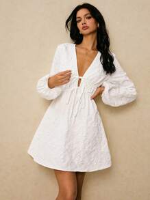Poéselle White Jacquard Fabric Deep-V Tie-Front Mini Dress | Long-Sleeve Boho Babydoll,White Mini Dress,All White Party Outfit Women ,Fall Women Clothes ,Wedding Guest Dress Women, Deep V Neck Dress, Long Sleeve Dress, Boho White Autumn Dress, Bridal Shower Outfit,Women Elegant Solid Color Jacquard Lantern Sleeve Dress - White - View 7