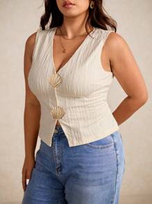 Elaquor Plus Size Women's Metallic Decor Solid Textured Tank Top - Black - View 1