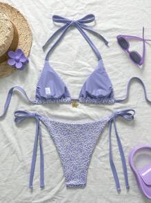 Swim Mod 大尺碼女款 2件/套 甜美可愛花卉紋理掛脖綁帶比基尼泳衣，適合海灘度假與夏季海邊假期 - 紫色 - 查看 3