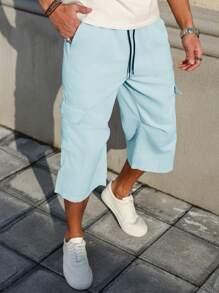 Manfinity Homme Men's Simple Casual Solid Color Drawstring Waist Multi-Pocket Cargo Pants Men Capri Shorts Men Drawstring Shorts - Mint Blue - View 3