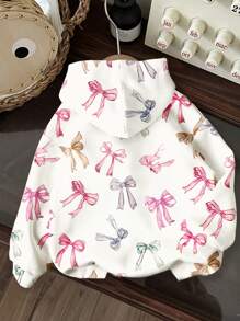 SHEIN Áo nỉ dài tay cổ tròn dáng rộng thoải mái dễ thương, in hình nơ dễ thương cho bé gái tuổi mới lớn, phù hợp cho mùa thu/đông - Nhiều màu - Xem 3