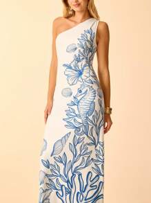 CAJUNI 女式波西米亚风热带蓝色海洋贝壳海马和珊瑚印花不对称领带腰部中长休闲度假连衣裙 - 藍白色 - 查看 4
