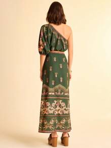 CAJUNI 2pcs/Set Printed Lantern Sleeve Top And Slit Hem Skirt - Multicolor - View 2