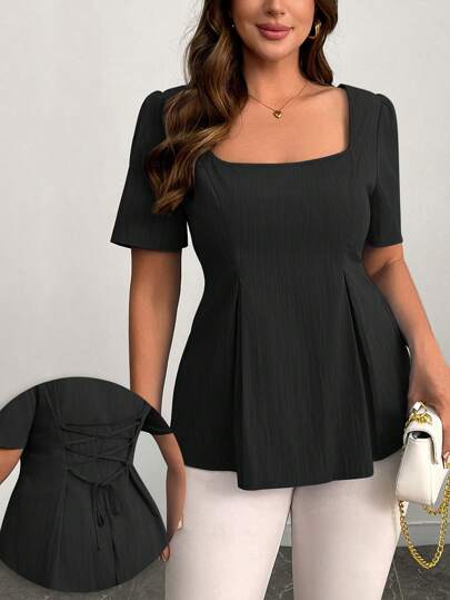 Vionelle 夏季加大码方领交叉系带腰部 A 字形牛仔纹理衬衫