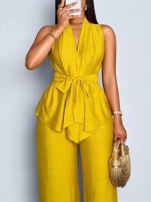 SOLERSUN 2 pièces Femmes grande taille Ensemble Top sans manches torsadé à la taille et pantalon évasé d'été unicolore