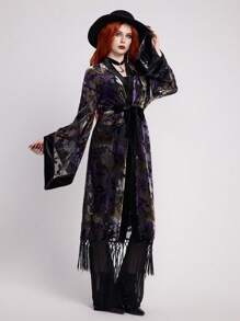 ROMWE EDITION 波西米亚哥特风格花卉烂花天鹅绒纹理海滩喇叭袖开衫 - 綠色 - 查看 7