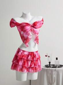 SHEIN Unity 2件套女士优雅扎染印花露肩上衣和半身裙套装 - 玫紅色 - 查看 3