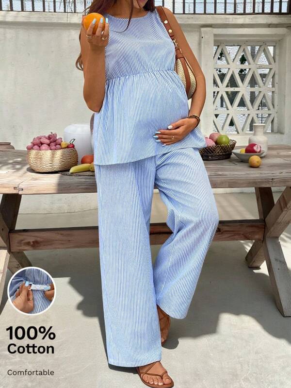 SHEIN Umstandsmode Zweiteiler aus gestreiftem ärmellosen Rundhals Lässig Top und weiter Hose, Sommer