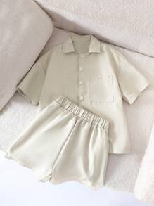 2 件套男童梭织短袖衬衫和短裤，韩版时尚休闲套装 - 杏色 - 查看 6